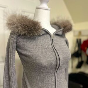 Fox fur collar wool zip long cardigan